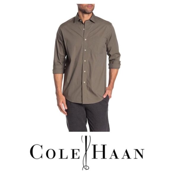 Cole Haan Mens Olive Green Collared Woven Slim Fit Button Up Shirt Sz L New - Picture 5 of 6